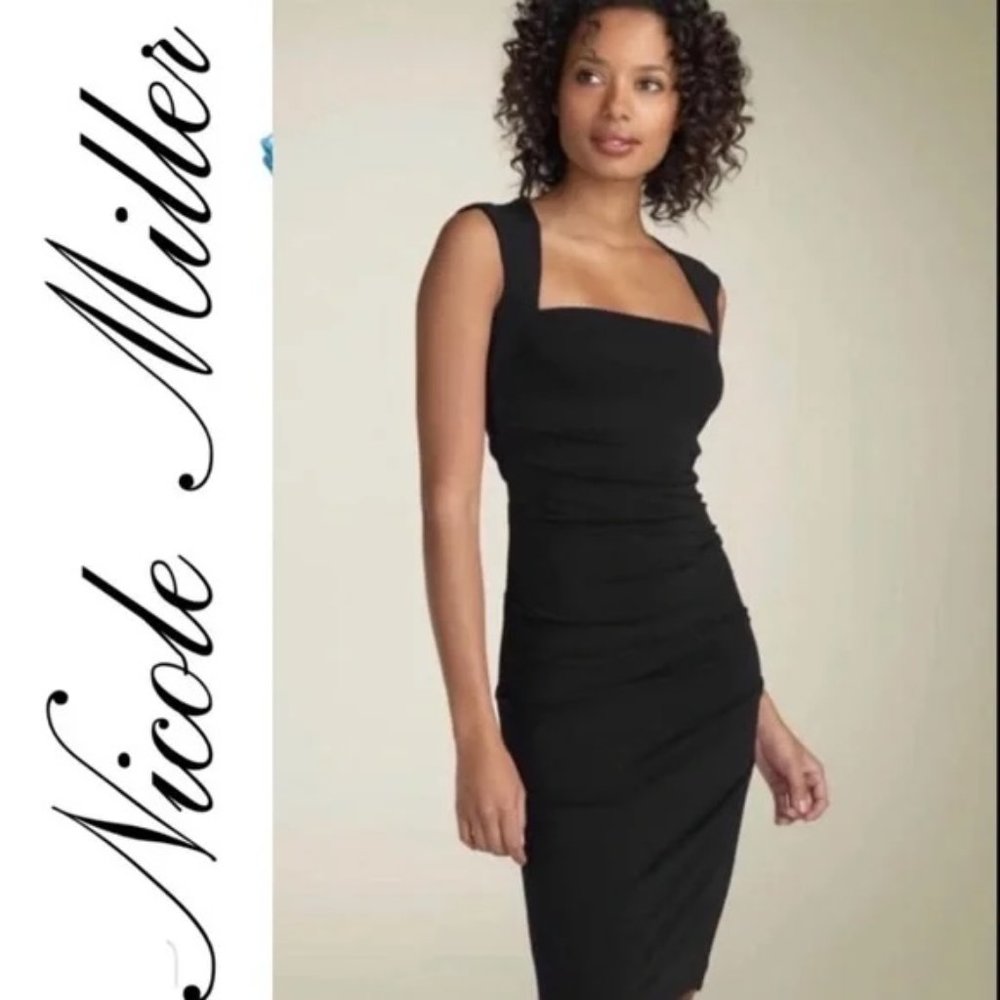 Nicole Miller Open Back Square Neck Jersey Sheath Dress in Black